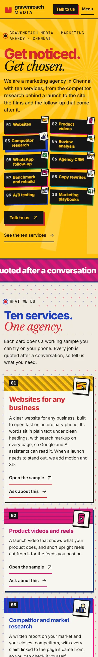 The new home page at phone width, first quarter: yellow hero with Get noticed, Get chosen and the start of the ten services.