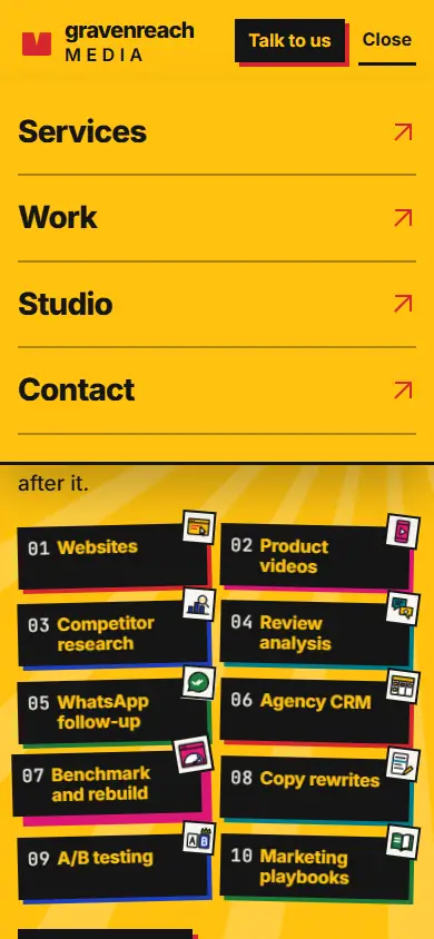 After, menu open: Services, Work, Studio, Contact on a yellow panel.