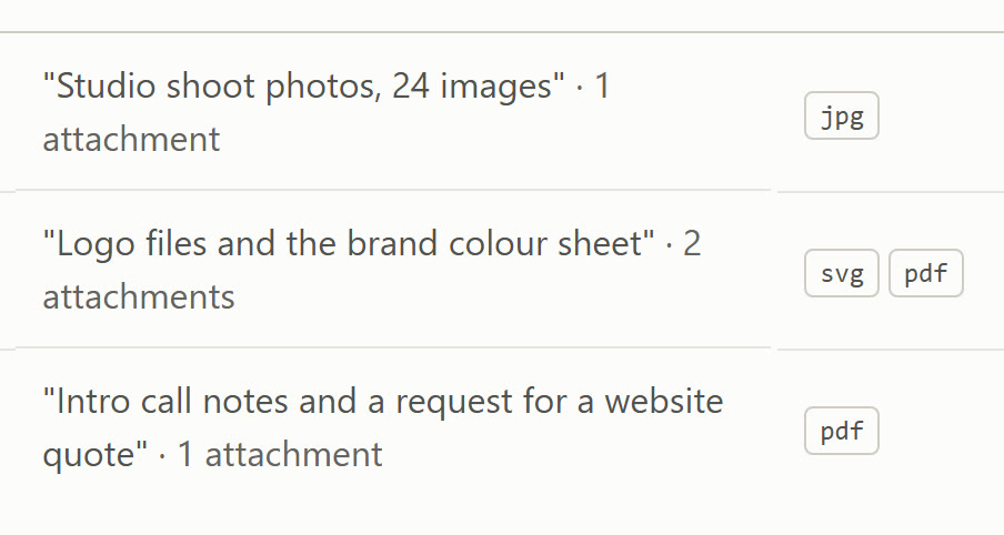 Close-up of the Inbox: three emails, each with what arrived, how many attachments and their file types (jpg, svg and pdf).