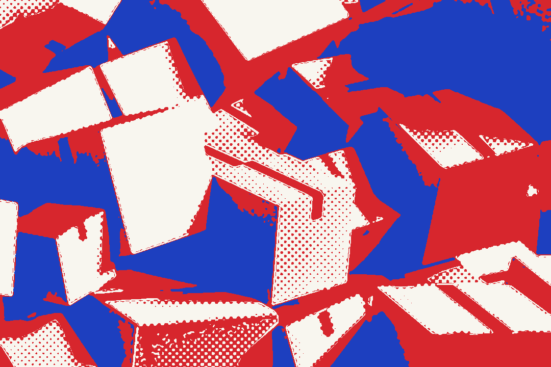 A pile of cardboard shipping boxes sealed with blue tape.