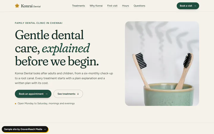 The Konrai Dental sample site's first screen on a desktop