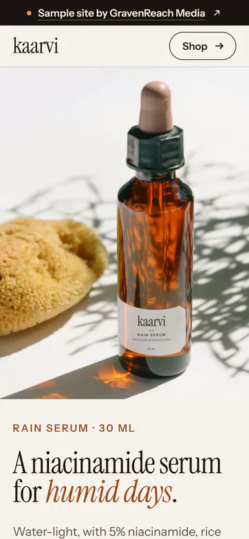 The Kaarvi skincare sample site on a phone